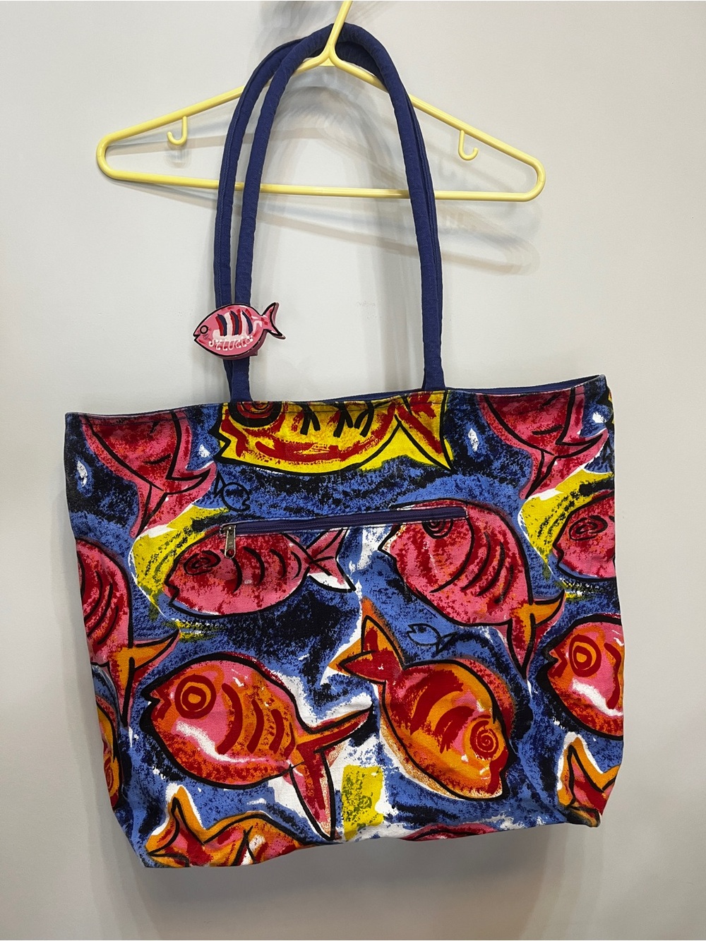 Vibrant Fish Print Canvas Tote with Navy Straps